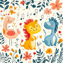 Obraz premium Group of cats are sitting in a garden with flowers and leaves. The cats are all different colors and sizes, and they are all smiling. Scene is happy and playful