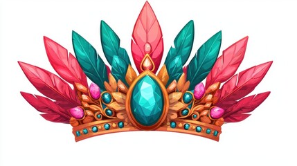 A vibrant crown adorned with colorful feathers and a large gemstone, symbolizing elegance and celebration.