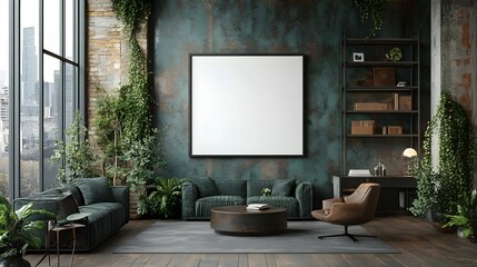 A creative workspace in an industrial-style home with metal shelving and a blank white frame.