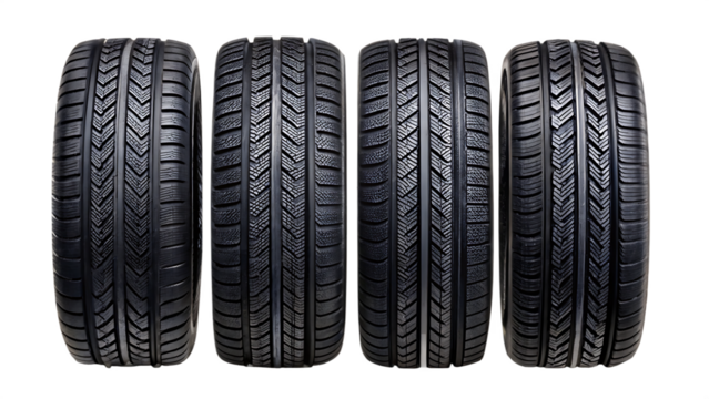 Set of Four Black Car Tires isolated on white background as transparent. PNG. AI GENERATED