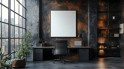 A creative workspace in an industrial-style home with metal shelving and a blank white frame.