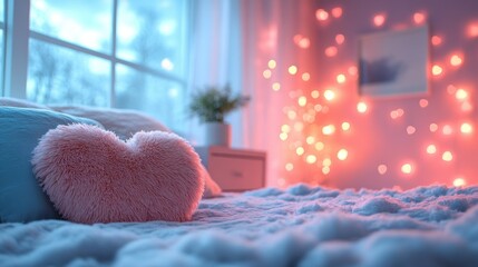 Romantic Bedroom Atmosphere with Heart-Shaped Pillow and Fairy Lights
