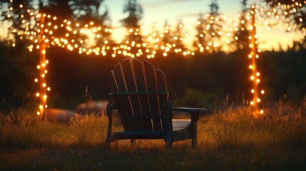 Serene Sunset: Adirondack Chair under Fairy Lights