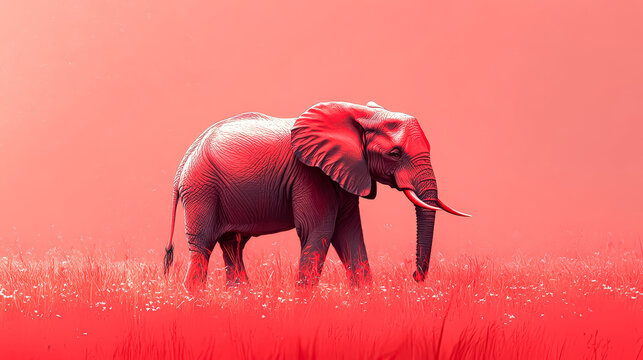 Red elephant is walking through a field of red grass. The elephant is the main focus of the image, and the red grass creates a striking contrast with the animal. Concept of wonder and awe - Powered by Adobe