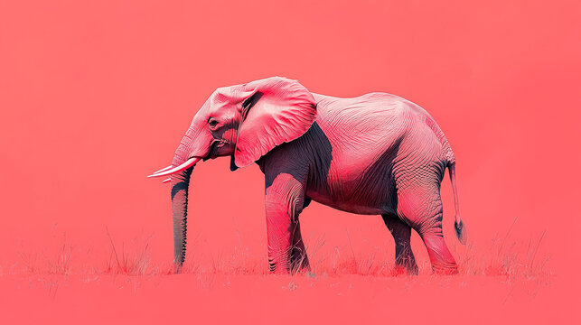 Red elephant is walking through a field of red grass. The elephant is the main focus of the image, and the red grass creates a striking contrast with the animal. Concept of wonder and awe - Powered by Adobe