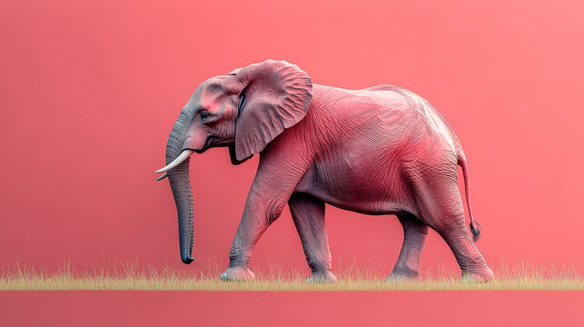 Red elephant is walking through a field of red grass. The elephant is the main focus of the image, and the red grass creates a striking contrast with the animal. Concept of wonder and awe