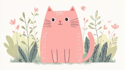 A cute, cartoon-style pink cat sits among colorful flowers and leaves, creating a cheerful, whimsical scene.