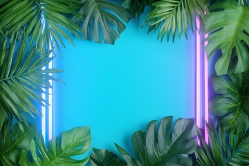 Naklejka premium Tropical leaves frame, neon lights, blue background; summer ad