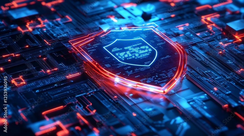 Poster futuristic cybersecurity visualization with a glowing shield on a circuit board