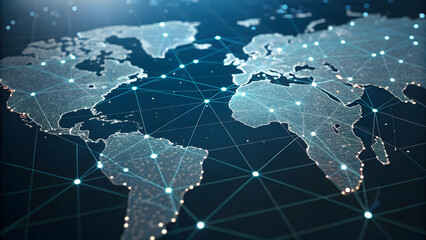 Abstract World Map with Connected Dots and Lines, Digital Technology