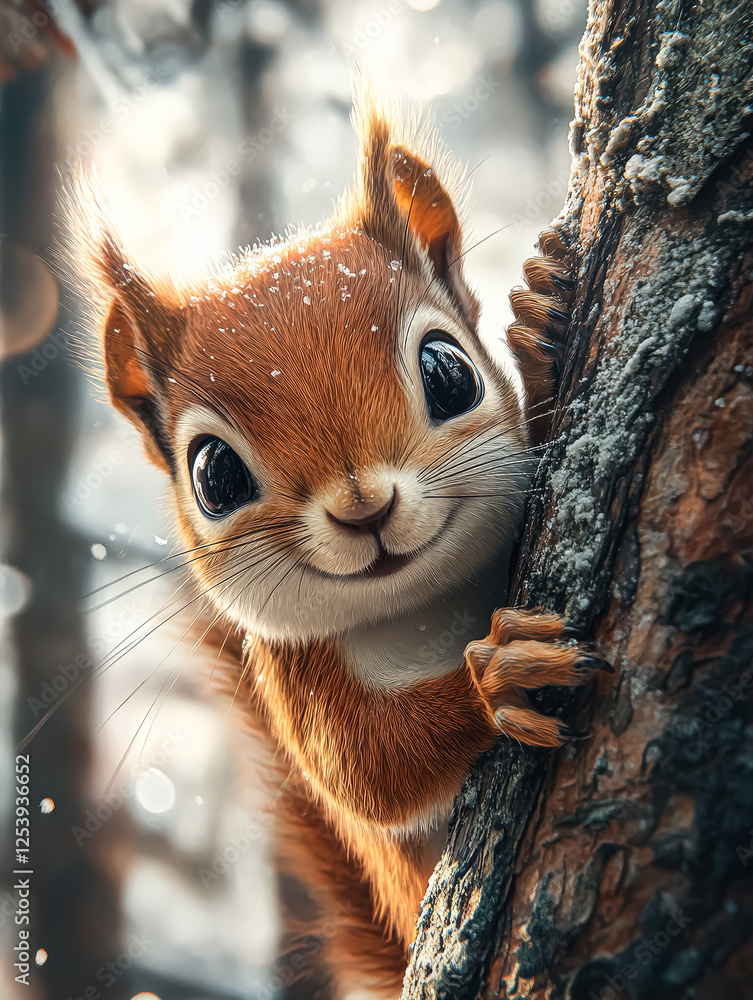 Poster cute little squirrel is peeking out from behind a tree trunk. the image has a warm and playful mood,