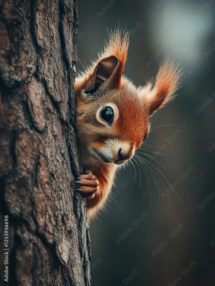 Poster cute little squirrel is peeking out from behind a tree trunk. the image has a warm and playful mood,