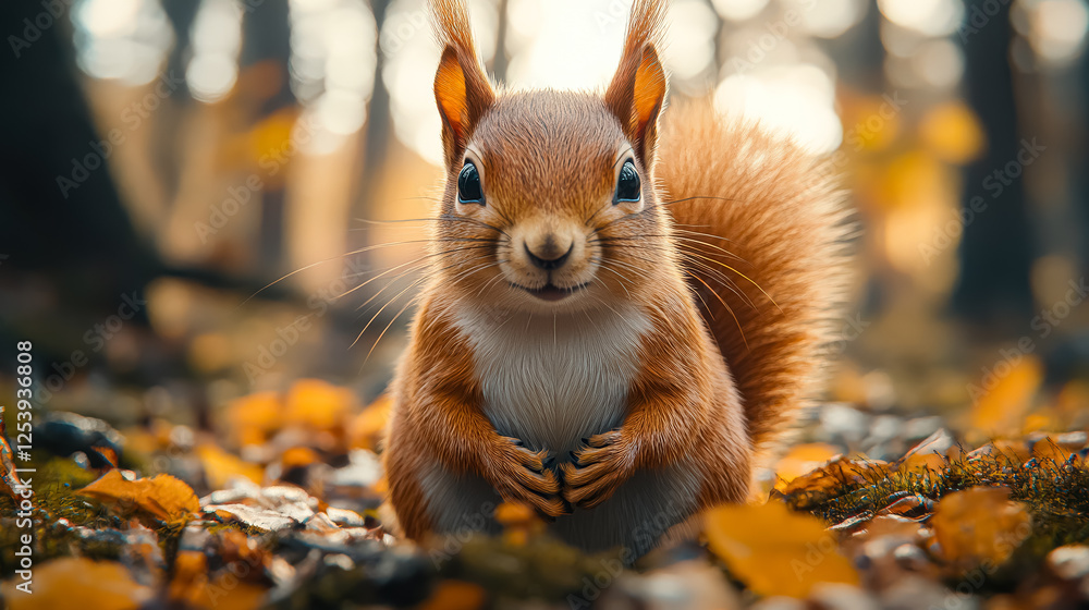 Poster squirrel is standing in a forest with leaves on the ground. it is looking at the camera with its mou