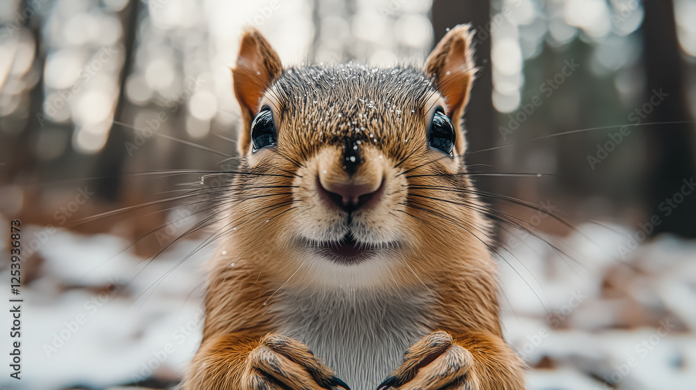 Poster squirrel is standing in a forest with leaves on the ground. it is looking at the camera with its mou