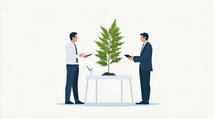 two business men look at a plant on a table