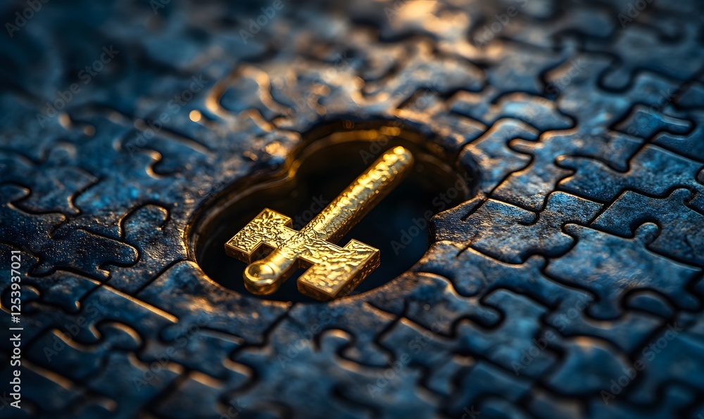Poster golden key fitting into a puzzle piece, a concept of solution and unlocking