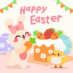An adorable Easter illustration featuring a cute bunny holding a carrot, a tiny chick dressed as a chef, and a delicious carrot cake with smiling toppings, set in a festive spring celebration.