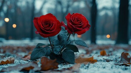 Two Red Roses in the Winter Snow: A Serene Scene