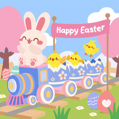 Cute Easter Bunny and Chicks Riding a Festive Train. Adorable Easter Train with Bunny and Hatching Chicks.