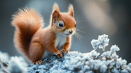 Fototapeta premium Small brown squirrel is standing on a rock covered in snow. The image has a peaceful and serene mood, as the squirrel appears to be enjoying the winter landscape