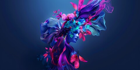 Abstract Floral Portrait: An ethereal and surreal portrait of a woman adorned with vibrant blue, pink, and purple floral elements, evoking a sense of dreamlike beauty and imaginative artistry.