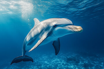Dolphin is swimming in the ocean with its mouth open. The dolphin is smiling and he is happy