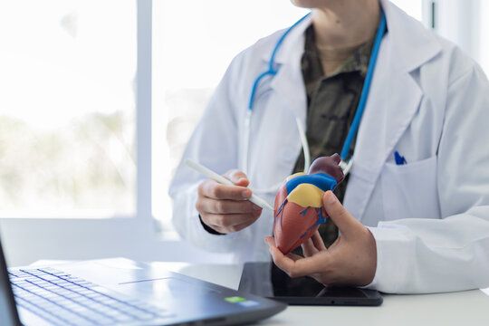 Military doctor explaining the anatomy of the human heart with a model, in a video conference