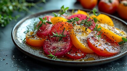 Colorful heirloom tomato salad, herbs, oil, dark background, healthy food
