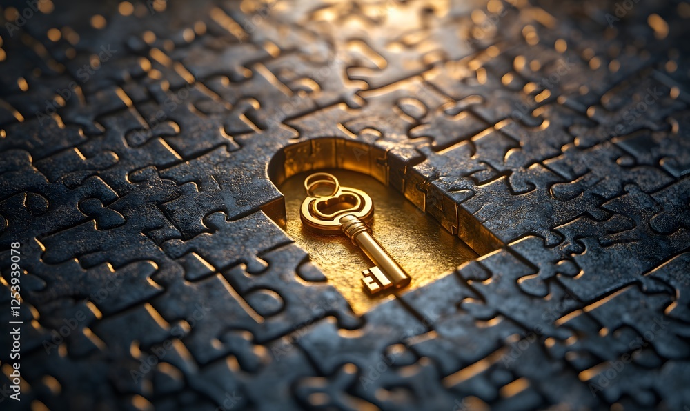 Poster a golden key rests in a puzzle shaped keyhole illuminating a solution concept