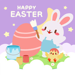 Cute Bunny Painting Easter Egg with Chick. Adorable Easter Bunny Decorating Giant Egg. Happy Easter Illustration with Bunny and Chick Painting.