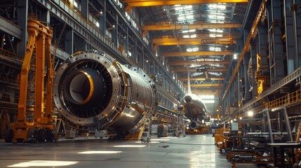Obraz premium Aerospace Manufacturing Plant: Precision Assembly of Large Fuselage Components