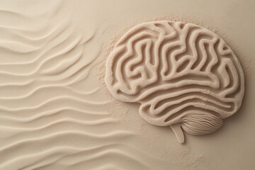 A human brain drawn in the sand, slowly being washed away by ocean waves, representing fading memories. Alzheimer concept