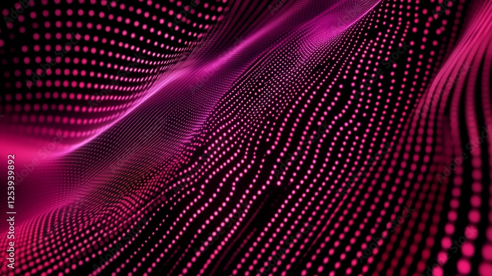 Poster abstract futuristic wave of pulsating moving pink dots on a dark background