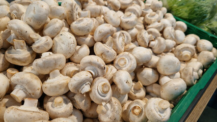 Sale of champignons in a supermarket. Champignons in plastic boxes, close-up. Mushrooms in a store. A pile of champignons for sale at the market with selective focus