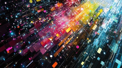 Abstract Digital Rainbow Data Stream: A vibrant visualization of digital information flow, showcasing a dynamic and colorful network of interconnected data packets.