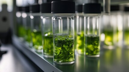 Green Plant Samples in Glass Test Tubes Scientific Research Laboratory Experiment Botany Biology vial study fluid leaves nature growth liquid science 