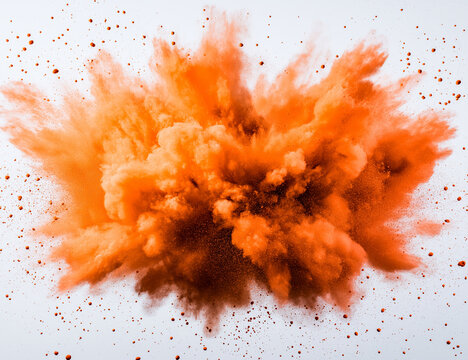 vibrant orange dust explosion creates dynamic visual effect against neutral background, showcasing energy and movement. scene captures essence of chaos and creativity