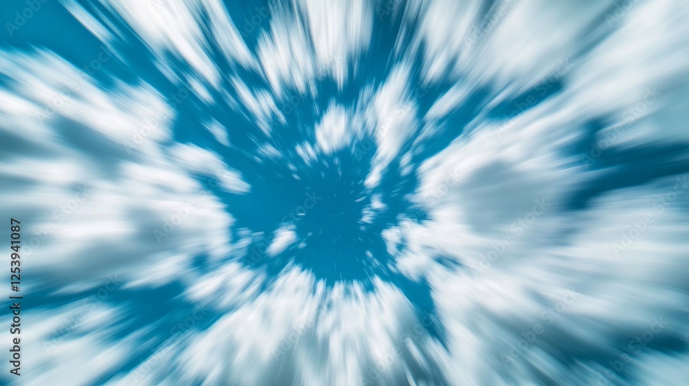 Poster a futuristic zoom effect creates a dynamic image of a blue sky with scattered clouds moving in all d