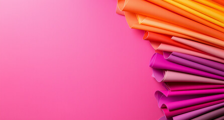 Colorful paper rolls create vibrant gradient on pink background, evoking creativity and joy. Perfect for design projects or artistic expressions