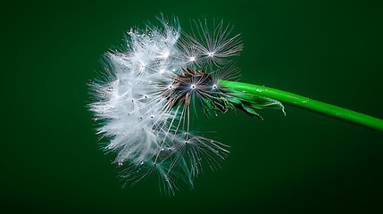 Fototapeta premium Close-up of a dandelion seed head against a dark green background, showcasing delicate seeds dispersing