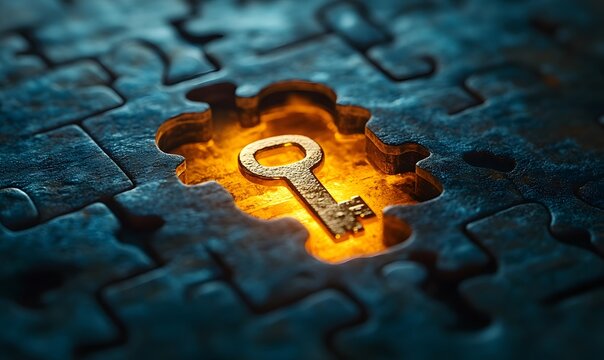 A golden key stands out, in a dark jigsaw puzzle, with its glowing light behind it