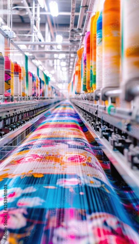 Aufkleber automated textile machinery weaving colorful fabrics in a vibrant factory setting