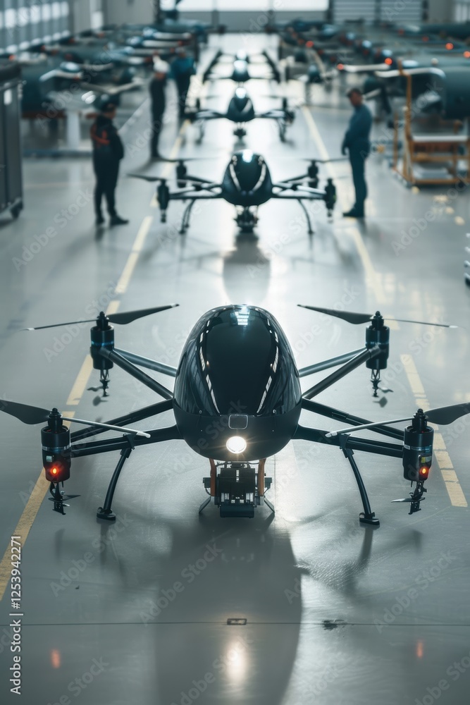 Poster high-tech drone manufacturing with prototype testing in modern factory