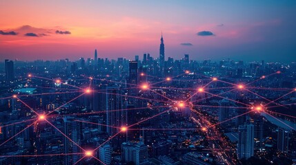 Fototapeta premium Smart city network sunset skyline, connection concept