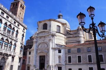 Fototapeta premium Historical church San Geremia and square in center of Venice, Italy. Touristic and religious center in old city center.