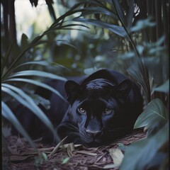 A sleek black panther rests hidden among lush foliage, its gaze intense and vigilant, embodying stealth and grace within the natural habitat.