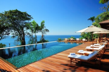 Fototapeta premium Sunlit Hardwood Ipe Deck: A Chic Architectural Design for Summer Poolside Relaxation