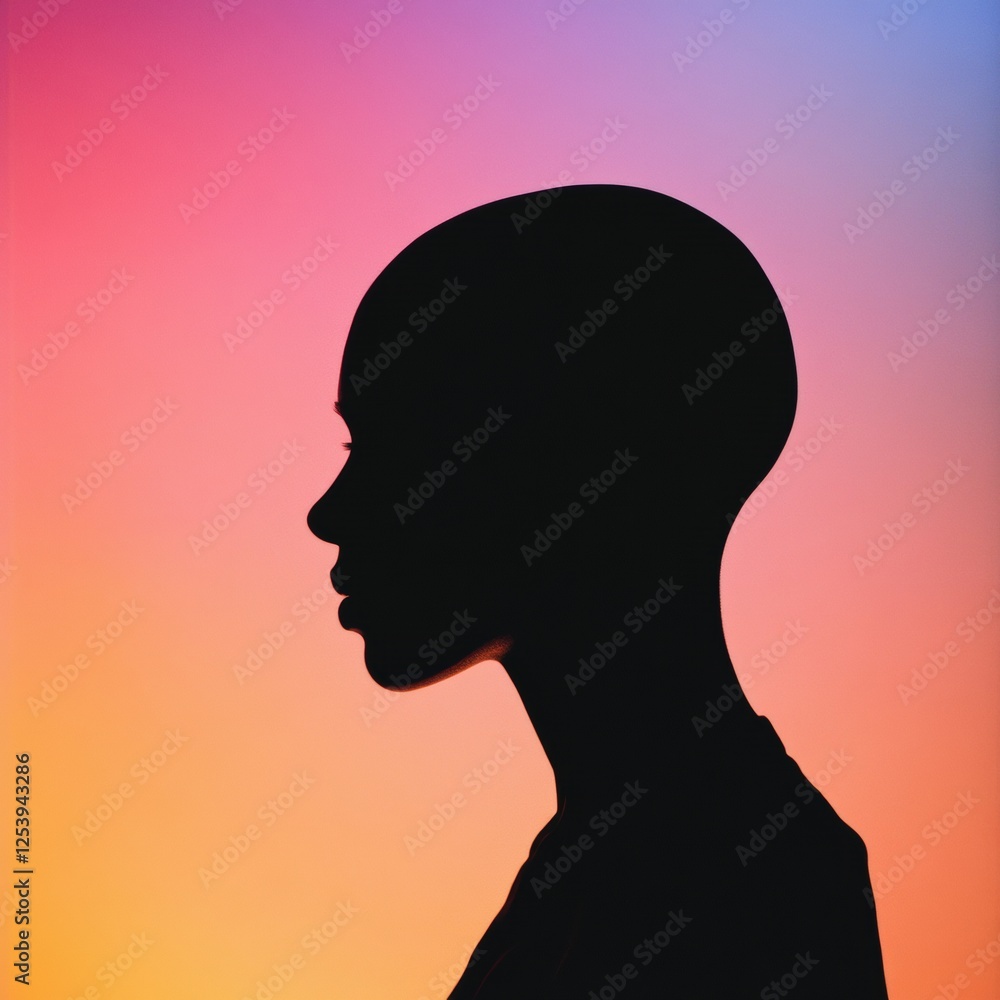 Poster unique profile silhouette shows person with noticeable bald patches against a colorful gradient back