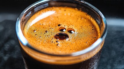 Close-up espresso shot, crema bubbles, dark background, cafe setting, beverage menu image