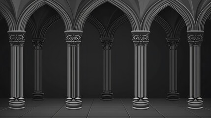 Naklejka premium Gothic arches, dark hall, stone floor, background